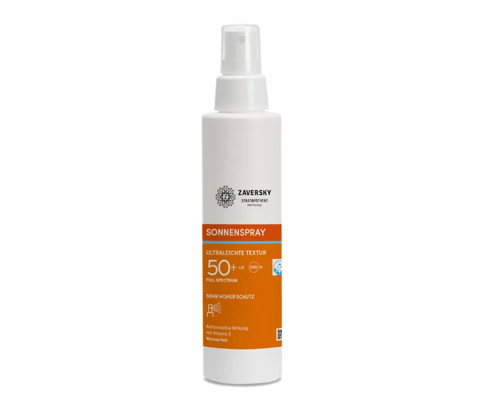 Zaversky Sonnenspray mit ultraleichter Textur, LSF 50+ und sehr hohem Schutz in weißer Sprühflasche, Vorderansicht