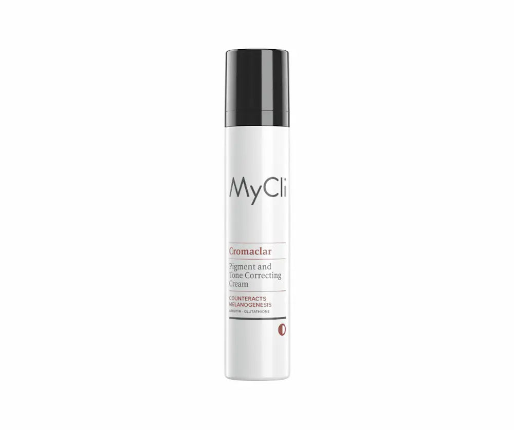 MyCli Cromaclar Pigment and Tone Correcting Cream im weißen Spender mit schwarzer Pumpe, Vorderansicht