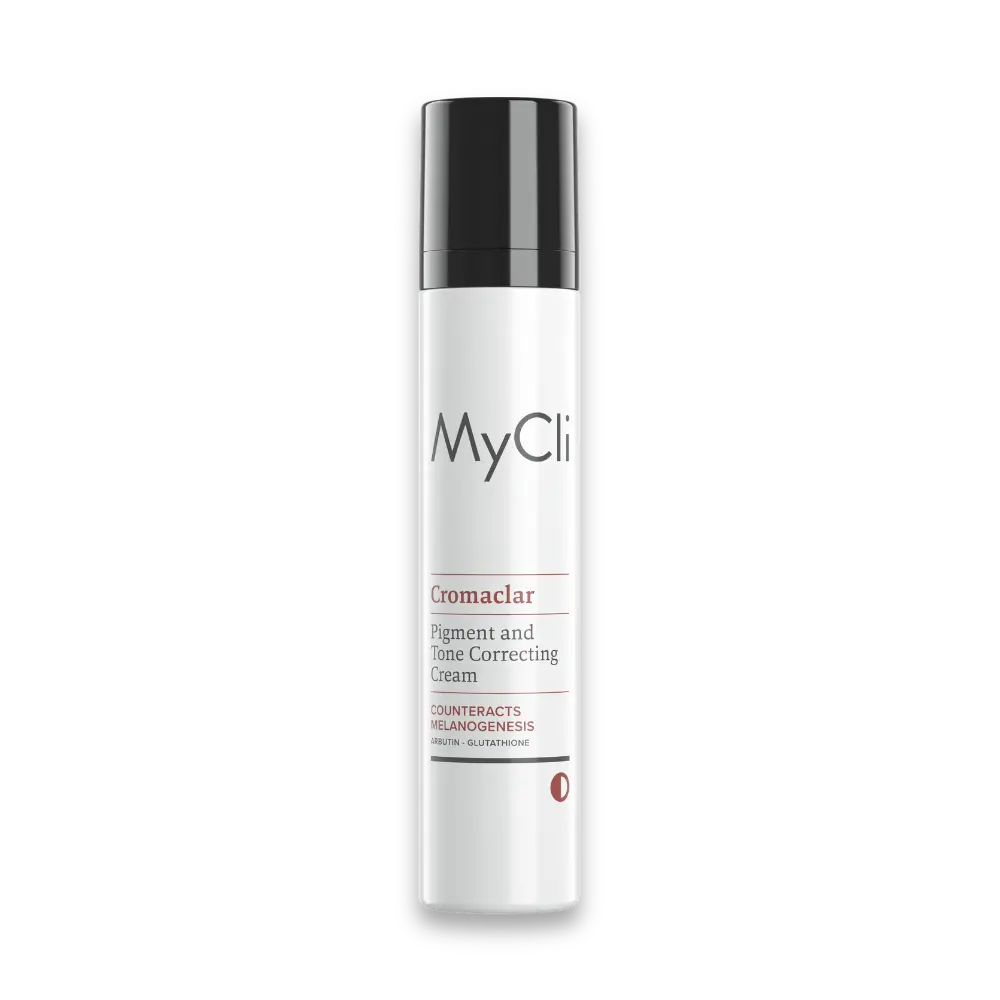 MyCli Cromaclar Pigment and Tone Correcting Cream im weißen Spender mit schwarzer Pumpe, Vorderansicht