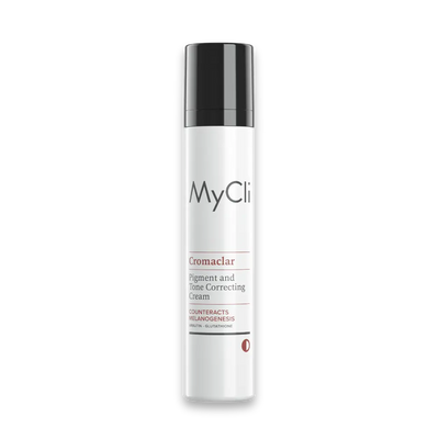 MyCli Cromaclar Pigment and Tone Correcting Cream im weißen Spender mit schwarzer Pumpe, Vorderansicht