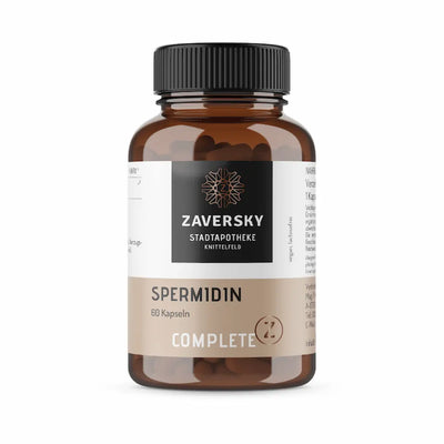 Spermidin Complete von Zaversky Stadtapotheke Knittelfeld, braune Glasflasche mit 60 Kapseln, vegan und lactosefrei, Vorderansicht

