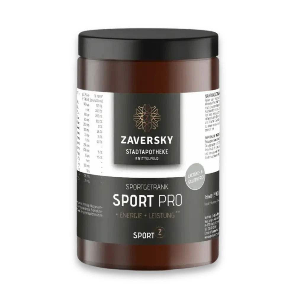 Zaversky Sport Pro Sportgetränk in brauner Dose mit schwarzem Deckel, Etikett mit Nährwerttabelle und Hinweis laktose- und glutenfrei.