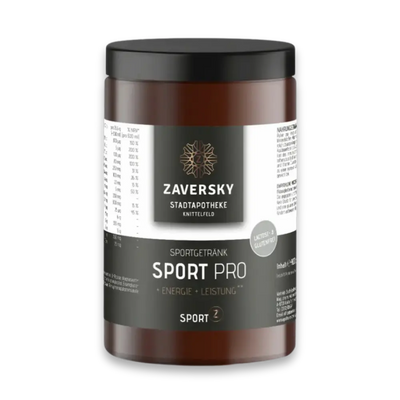 Zaversky Sport Pro Sportgetränk in brauner Dose mit schwarzem Deckel, Etikett mit Nährwerttabelle und Hinweis laktose- und glutenfrei.
