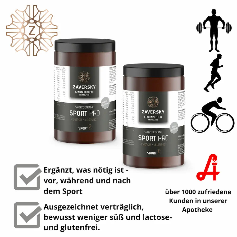Zaversky Sport Pro Sportgetränk in zwei braunen Dosen, Infografik mit Vorteilen und Icons für Fitness, Laufen und Radfahren.