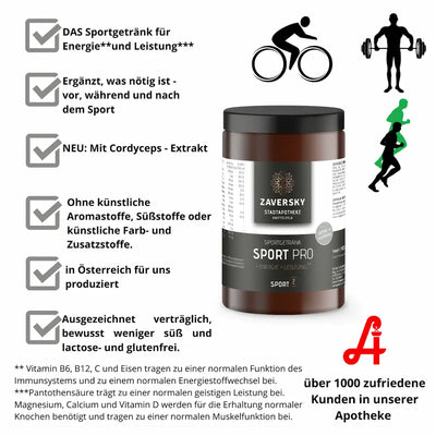 Zaversky Sport Pro Sportgetränk mit Nährwerttabelle, Icons und Checklisten zu Energie, Leistung und Verträglichkeit.