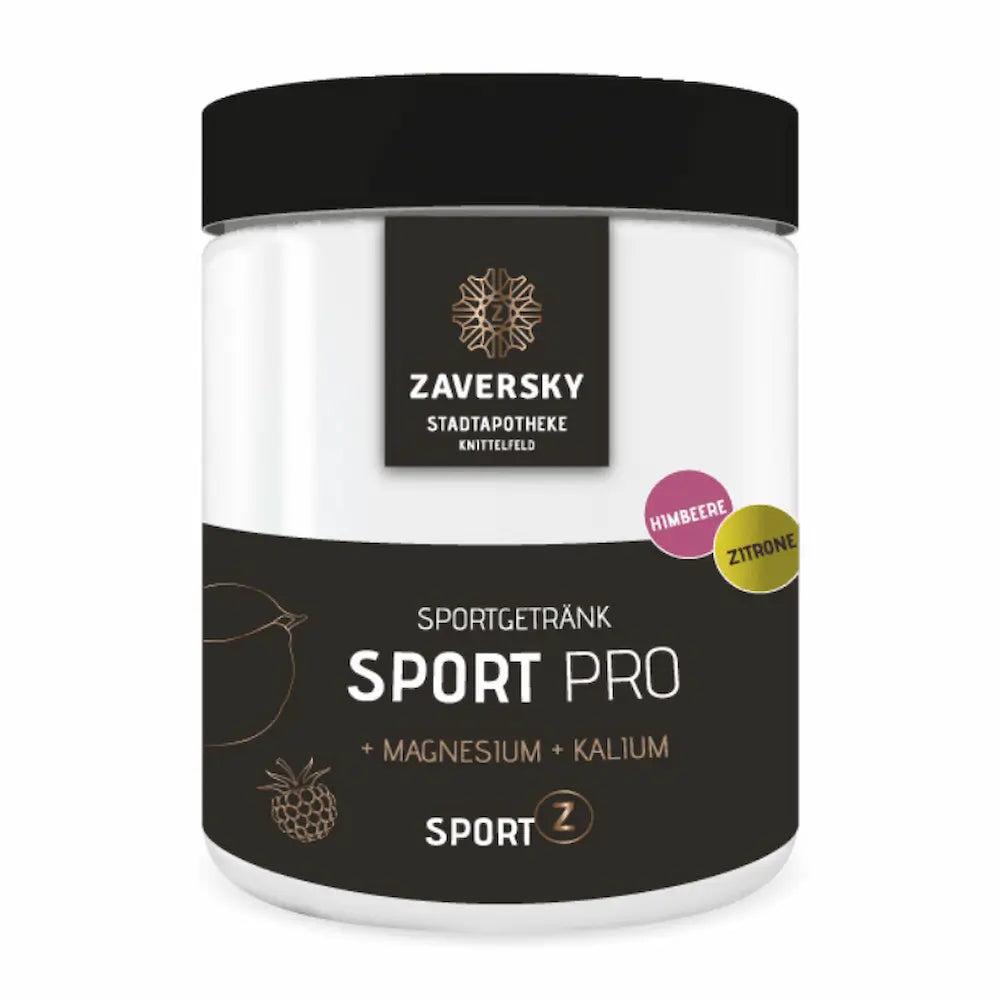 Zaversky Stadtapotheke Sport Pro Sportgetränk Pulverdose mit Magnesium und Kalium, Geschmack Himbeere-Zitrone, Vorderansicht