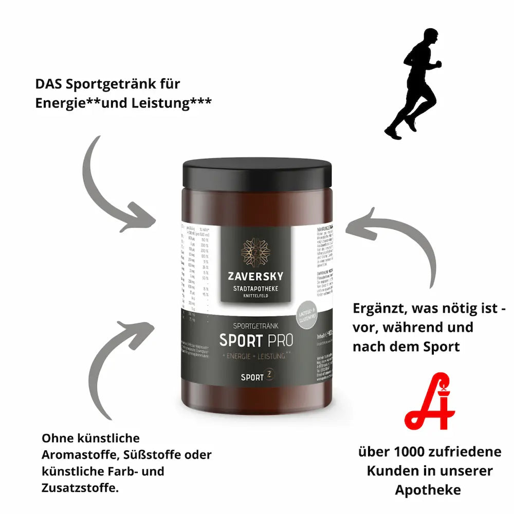 Zaversky Sport Pro Sportgetränk in brauner Dose mit schwarzem Deckel, umgeben von Infografik zu Energie, Leistung und Anwendung.