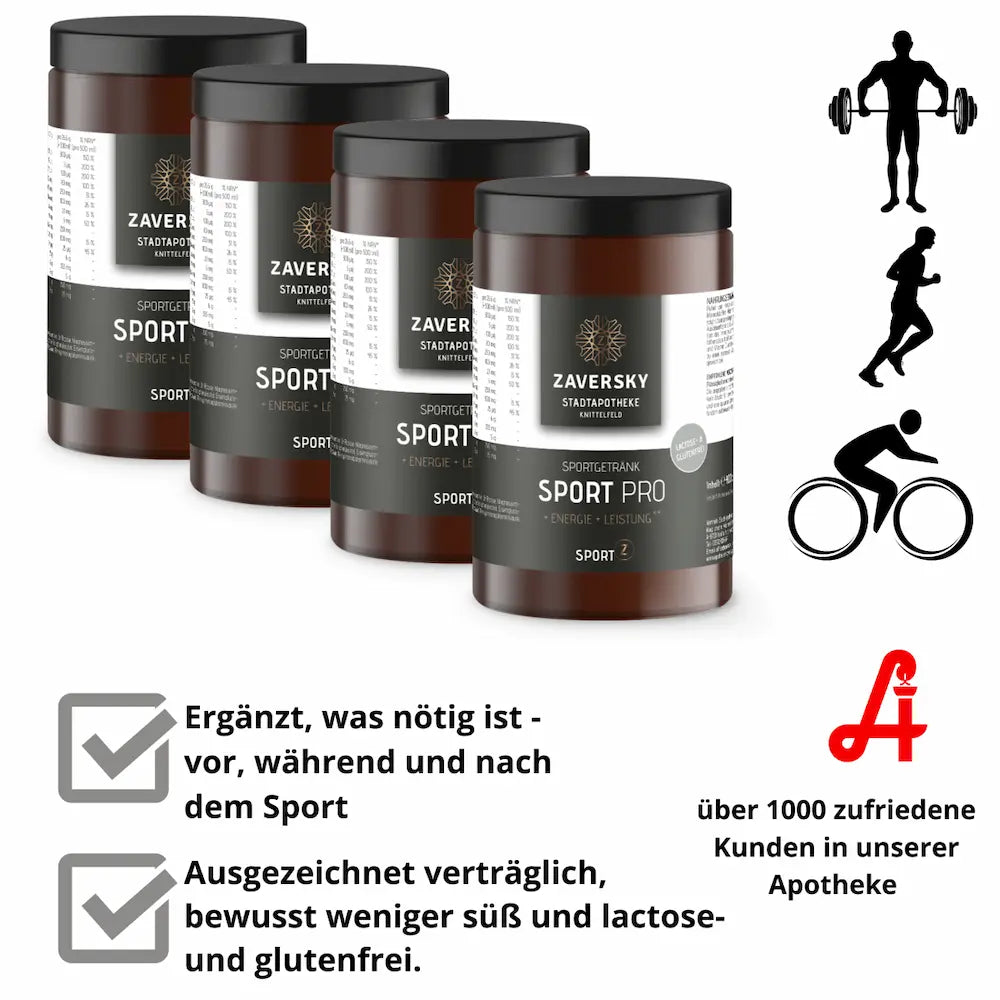Zaversky Sport Pro Sportgetränk in vier braunen Dosen mit Nährwerttabelle, Sportsymbolen und Vorteilen wie glutenfrei und lactosefrei.