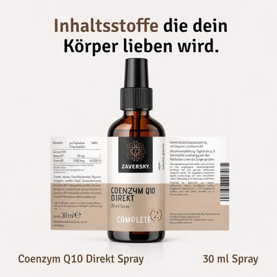 Coenzym Q10 Direkt Spray von Zaversky in 30 ml Braunglasflasche mit Sprühkopf, daneben ausgebreitetes Etikett mit Nährwerten.