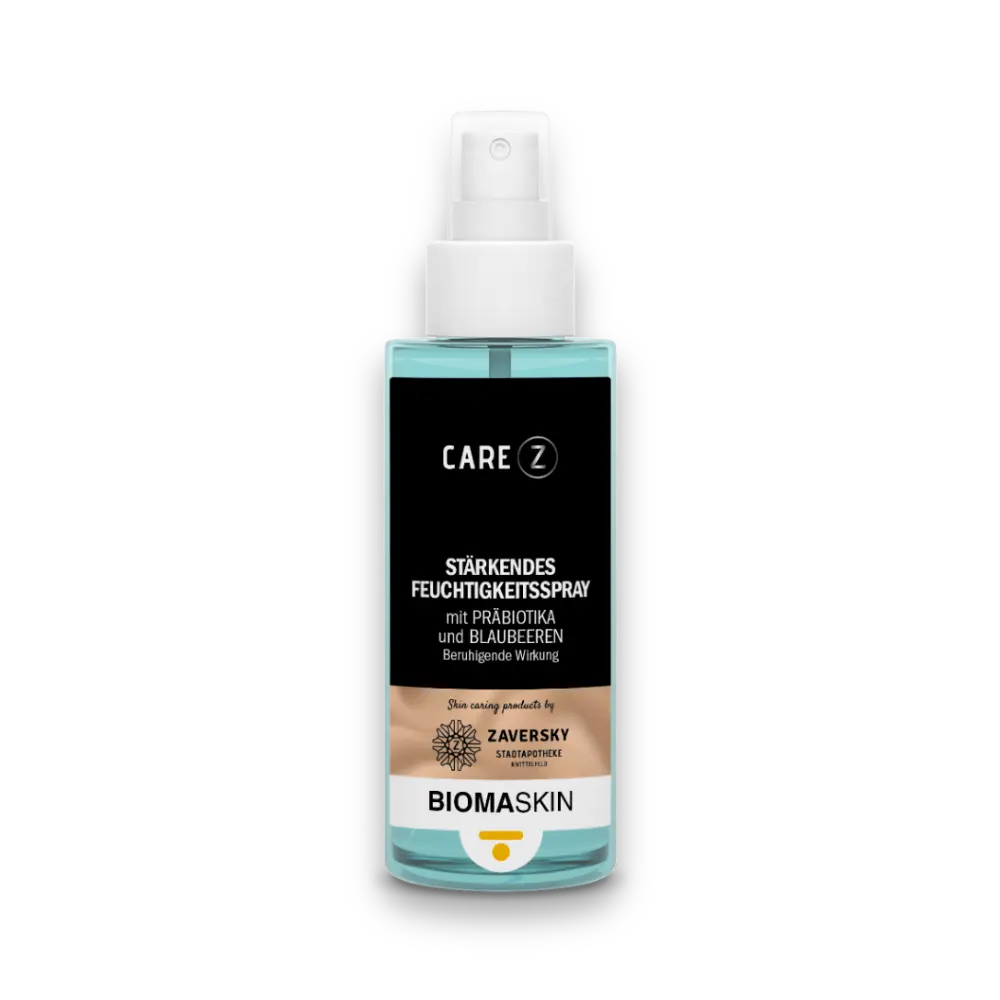 CARE Z Stärkendes Feuchtigkeitsspray mit Präbiotika und Blaubeeren, transparente Sprühflasche mit schwarzem Etikett, BIOMASKIN