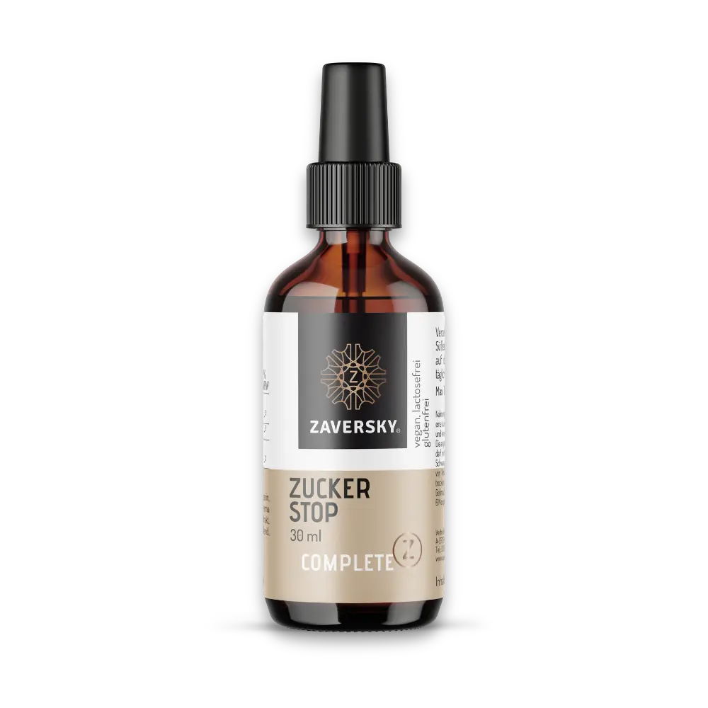 Zaversky Zucker Stop Complete Sprayflasche, 30 ml, braunes Glas mit Pumpsprüher, vegan, laktose- und glutenfrei.