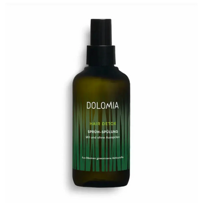 Dolomia Hair Detox Sprüh-Spülung in grüner Sprühflasche mit schwarzem Zerstäuber, zur Anwendung mit und ohne Ausspülen