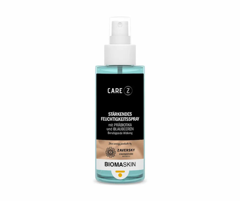 CARE Z Stärkendes Feuchtigkeitsspray mit Präbiotika und Blaubeeren in türkisfarbener Sprühflasche, BIOMASKIN von Zaversky