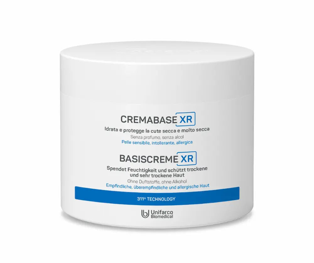 Weißer Cremetiegel Basiscreme XR von Unifarco Biomedical mit blauer Beschriftung, Vorderansicht des verschlossenen Tiegels