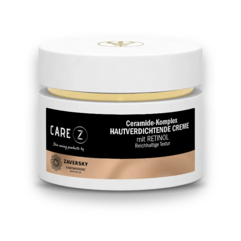 CARE Z Hautverdichtende Creme mit Ceramide-Komplex und Retinol, weißer Tiegel mit schwarz-goldenem Etikett, reichhaltige Textur