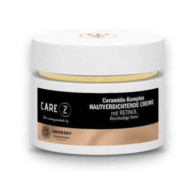 CARE Z Hautverdichtende Creme mit Ceramide-Komplex und Retinol, weißer Tiegel mit schwarz-goldenem Etikett, reichhaltige Textur