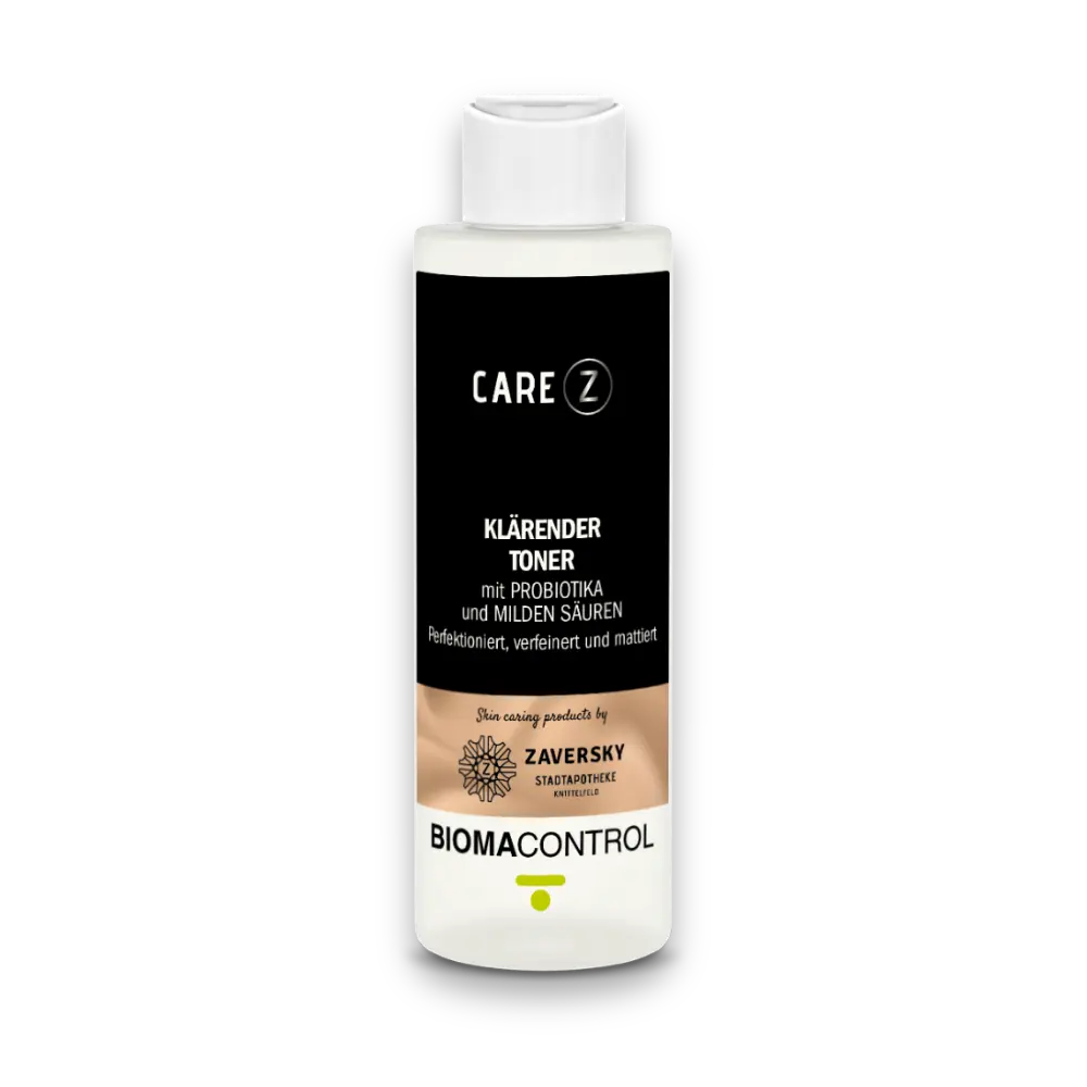 CARE Z Klärender Toner Biomacontrol von Zaversky, transparente Flasche mit weißem Schraubverschluss und schwarz-beigem Etikett mit Probiotika-Hinweis.