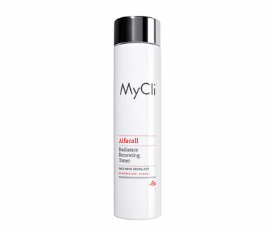 MyCli Alfacall Radiance Renewing Toner in weißer Flasche mit schwarzem Deckel, 2% Glycolic Acid, für Gesicht, Hals und Dekolleté
