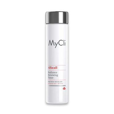 MyCli Alfacall Radiance Renewing Toner in weißer Flasche mit schwarzem Deckel, 2% Glycolic Acid, für Gesicht, Hals und Dekolleté