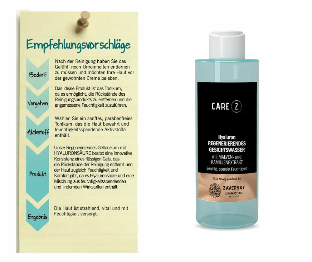 CARE Z Hyaluron Regenerierendes Gesichtswasser mit Malven- und Kamillenextrakt, Flasche neben Tafel mit Empfehlungsvorschlägen zur Anwendung.