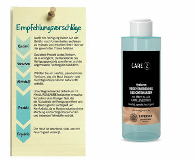 CARE Z Hyaluron Regenerierendes Gesichtswasser mit Malven- und Kamillenextrakt, Flasche neben Tafel mit Empfehlungsvorschlägen zur Anwendung.