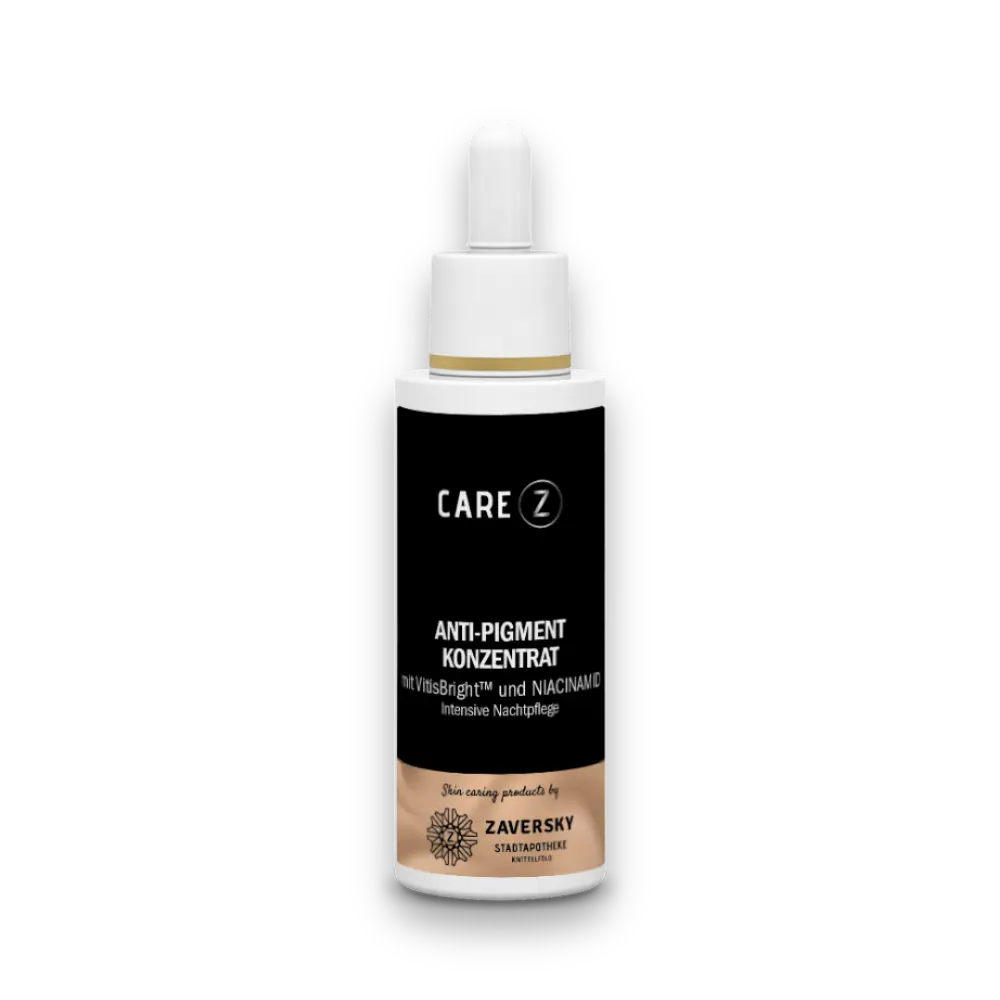 CARE Z Anti-Pigment Konzentrat in schwarzer Tropfflasche mit weißer Pipette, mit VitisBright und Niacinamid, intensive Nachtpflege