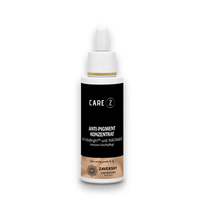 CARE Z Anti-Pigment Konzentrat in schwarzer Tropfflasche mit weißer Pipette, mit VitisBright und Niacinamid, intensive Nachtpflege