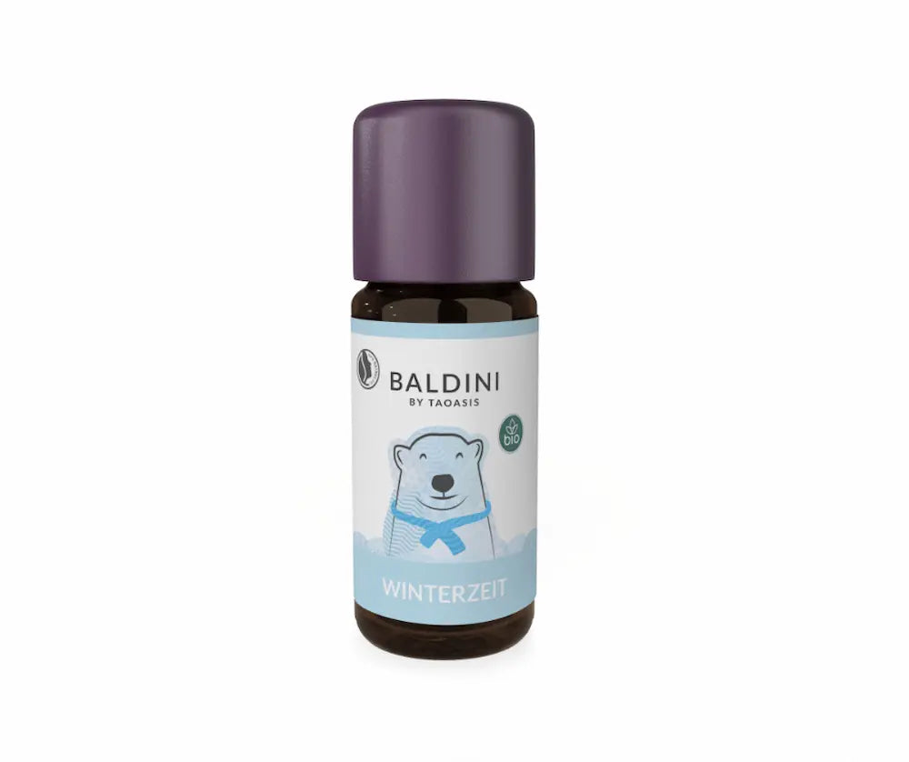 Baldini by Taoasis Winterzeit Bio-Aroma in brauner Tropfenflasche mit lila Deckel, Etikett mit Eisbär-Motiv und Bio-Siegel