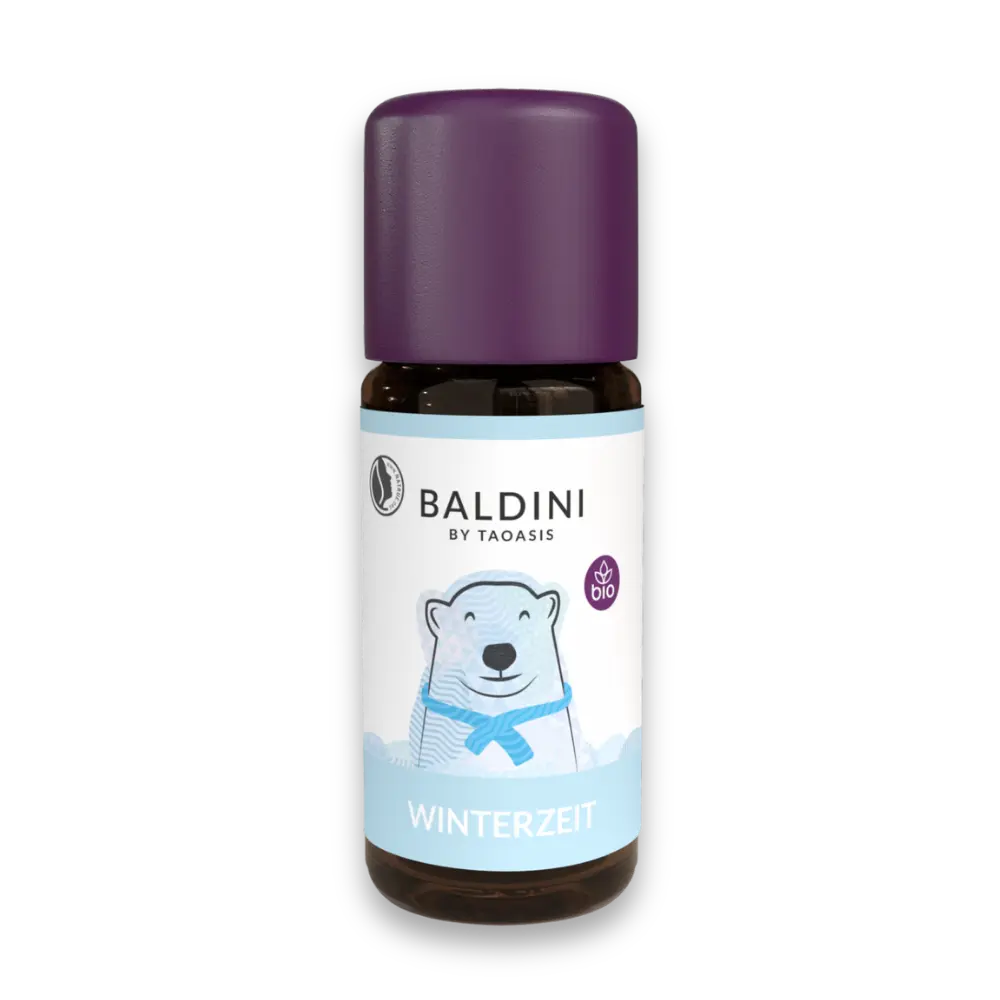 Baldini by Taoasis Winterzeit Bio-Aroma in brauner Tropfenflasche mit lila Deckel, Etikett mit Eisbär-Motiv und Bio-Siegel