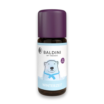 Baldini by Taoasis Winterzeit Bio-Aroma in brauner Tropfenflasche mit lila Deckel, Etikett mit Eisbär-Motiv und Bio-Siegel