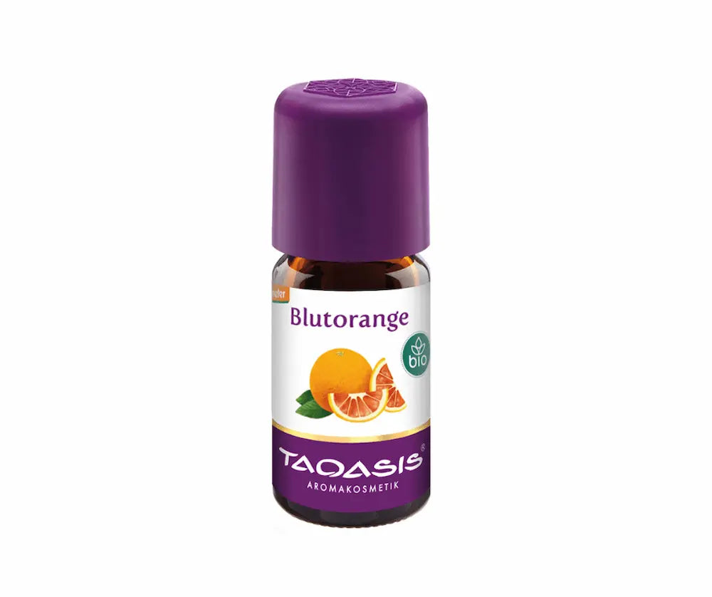 Taoasis Blutorange Bio Aromakosmetik in brauner Tropfenflasche mit lila Deckel, Etikett mit Orangen-Motiv und Bio-Siegel