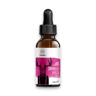 Zaversky Immun Held Tropfenflasche mit Pipette, Etikett in Pink mit Hirschmotiv, Zistrose und Vitamin C