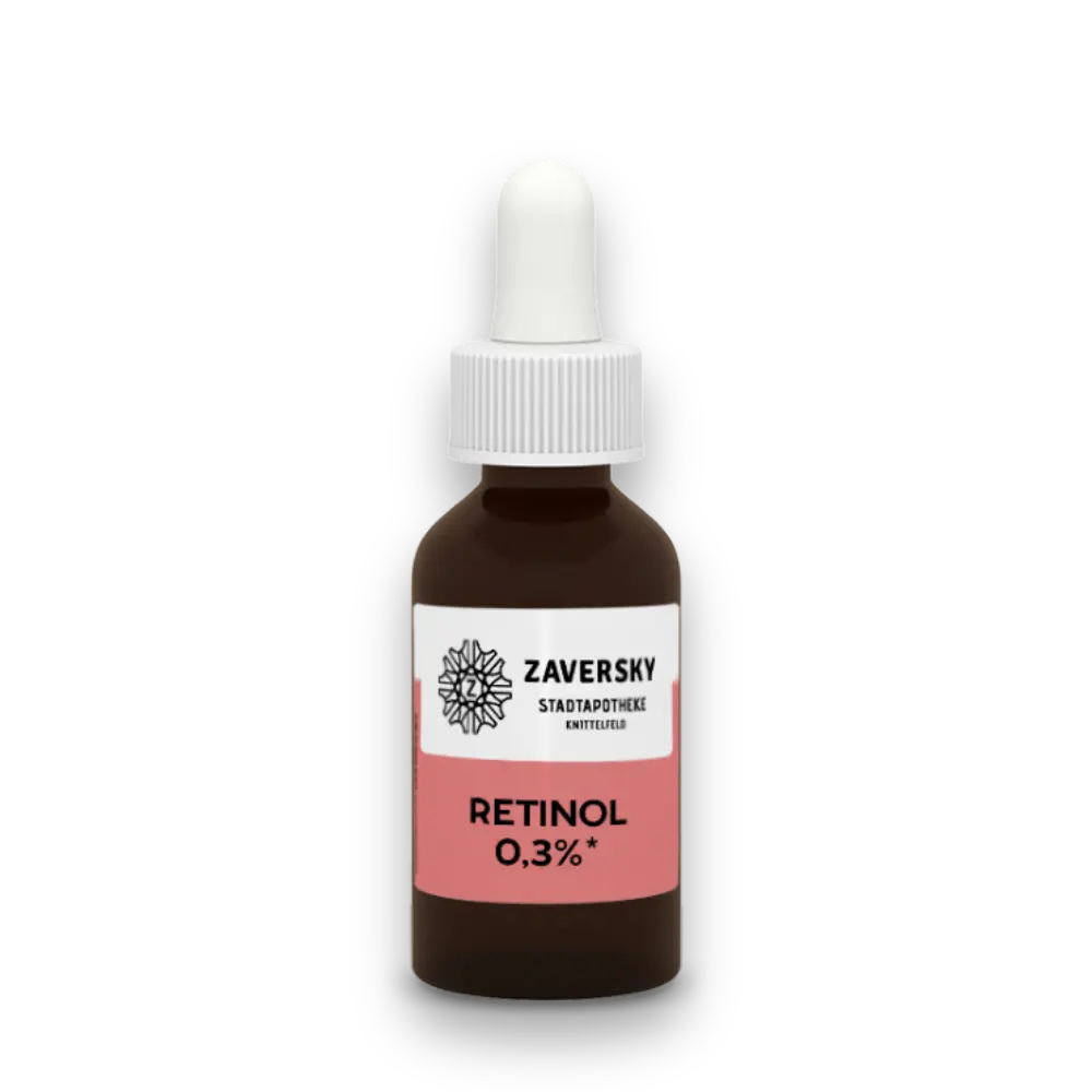 Braune Tropfflasche mit Pipette von Zaversky Stadtapotheke Knittelfeld, Etikett „Retinol 0,3%“ in Rosa und Weiß.