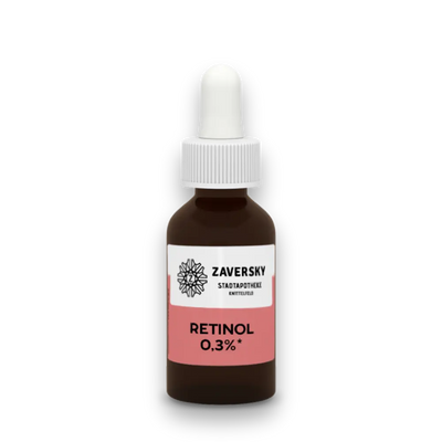 Braune Tropfflasche mit Pipette von Zaversky Stadtapotheke Knittelfeld, Etikett „Retinol 0,3%“ in Rosa und Weiß.