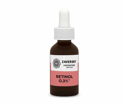 Zaversky Retinol 0,3% in brauner Tropfenflasche mit weißer Pipette und rosa-weißem Etikett, Vorderansicht