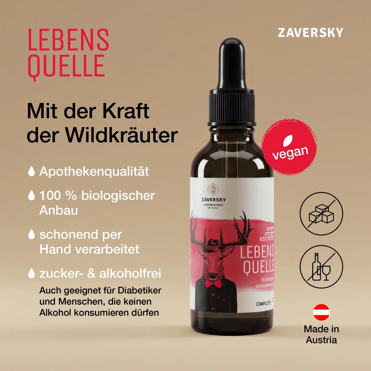 Zaversky Lebensquelle Complete Tropfenflasche aus Braunglas mit Hirsch-Etikett, Infografik mit Produktvorteilen, vegan, Made in Austria