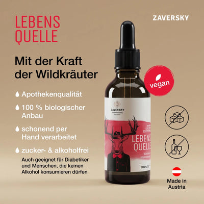 Zaversky Lebensquelle Complete Tropfenflasche aus Braunglas mit Hirsch-Etikett, Infografik mit Produktvorteilen, vegan, Made in Austria