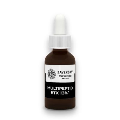 Braune Tropfflasche mit weißem Pipettenverschluss, Etikett "Zaversky Stadtapotheke Knittelfeld – Multipeptid BTX 13%".