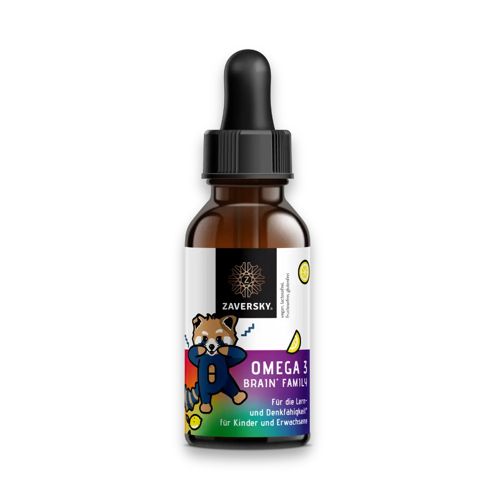 Zaversky Omega 3 Brain Family Tropfenflasche mit Pipette, buntem Etikett, Panda-Motiv und Zitrone für Kinder und Erwachsene.