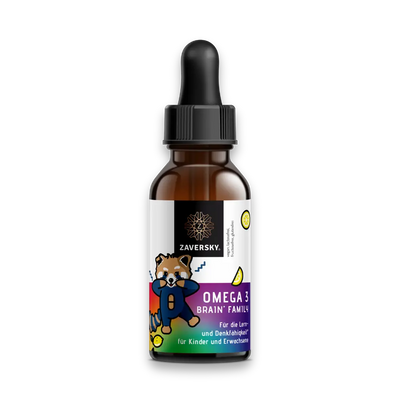 Zaversky Omega 3 Brain Family Tropfenflasche mit Pipette, buntem Etikett, Panda-Motiv und Zitrone für Kinder und Erwachsene.