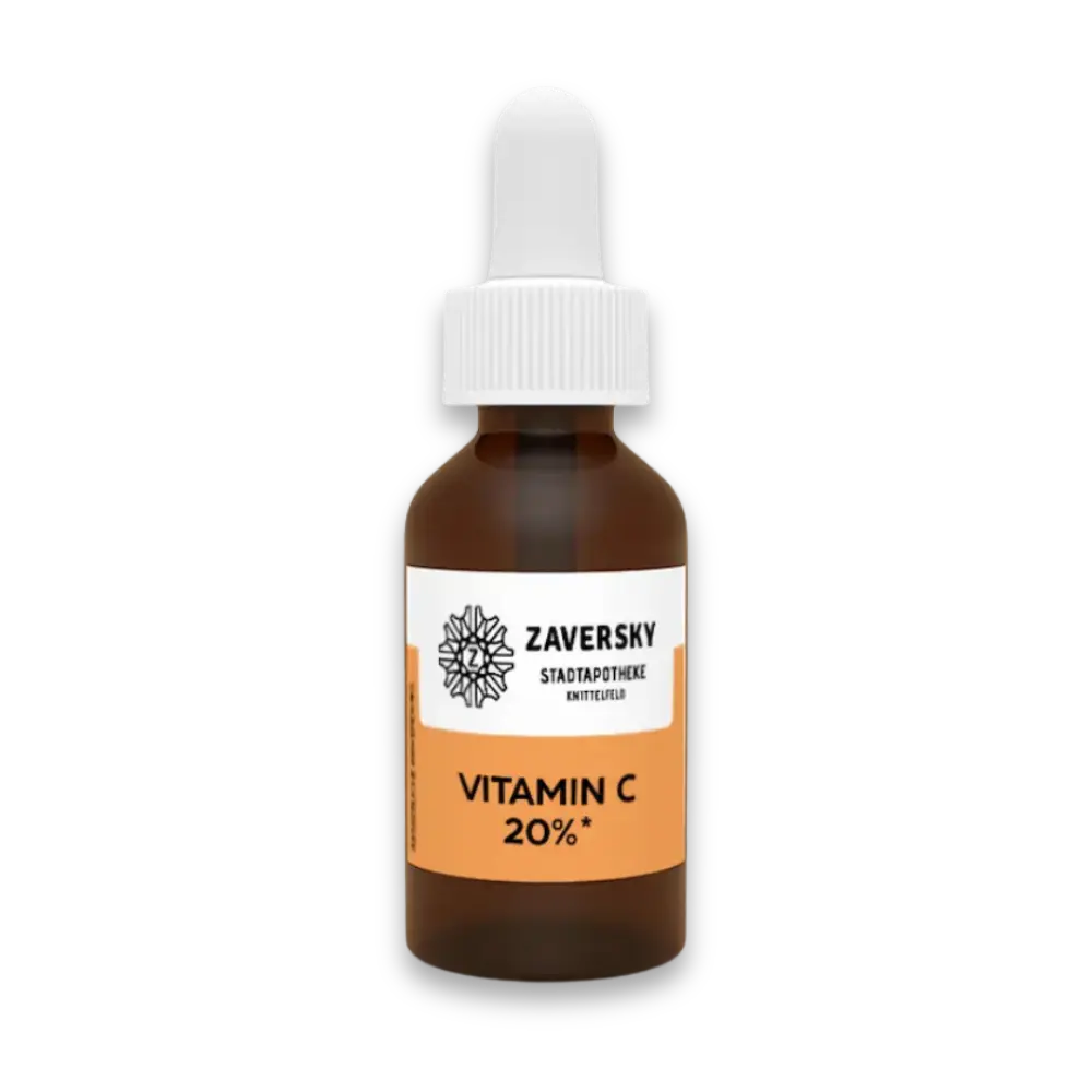 Zaversky Vitamin C 20% Serum in brauner Tropfflasche mit weißer Pipette und orange-weißem Etikett, Vorderansicht