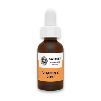 Zaversky Vitamin C 20% Serum in brauner Tropfflasche mit weißer Pipette und orange-weißem Etikett, Vorderansicht
