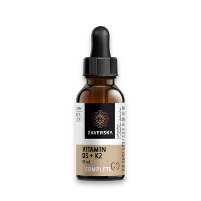  Zaversky Complete Vitamin D3 + K2 Tropfen, 10 ml, braune Glasflasche mit Pipette und beigem Etikett.