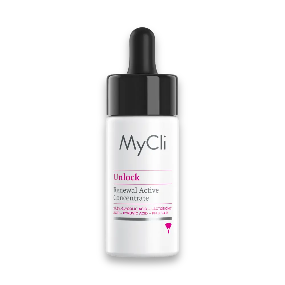 MyCli Unlock Renewal Active Concentrate in weißer Tropfflasche mit schwarzer Pipette, 37,5 % Glycolic Acid, Lactobionic Acid und Pyruvic Acid