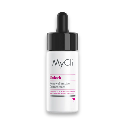 MyCli Unlock Renewal Active Concentrate in weißer Tropfflasche mit schwarzer Pipette, 37,5 % Glycolic Acid, Lactobionic Acid und Pyruvic Acid
