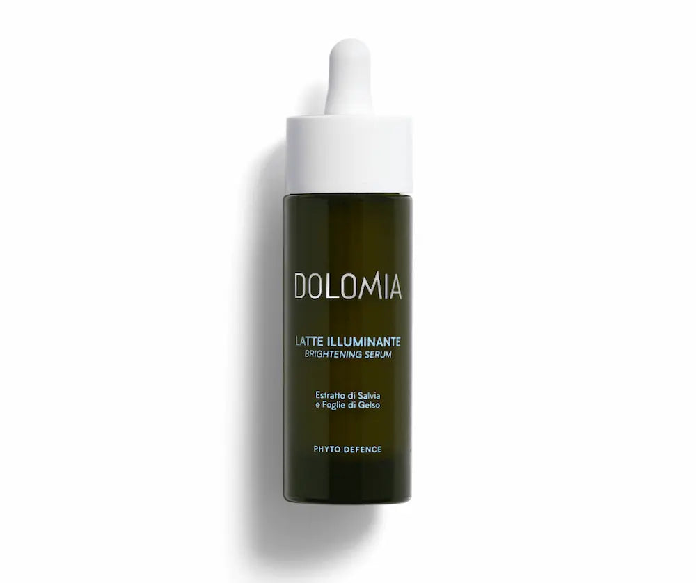 Dolomia Latte Illuminante Brightening Serum in dunkelgrüner Tropfflasche mit weißer Pipette, Phyto Defence, Vorderansicht