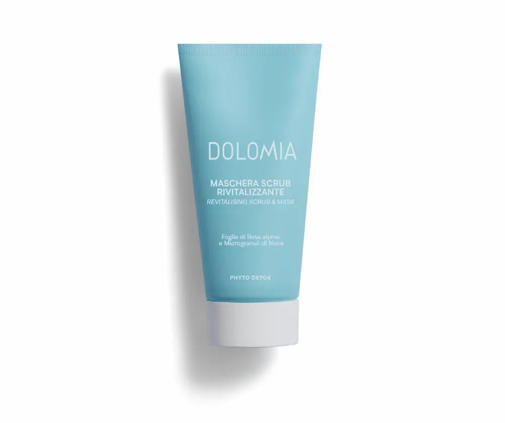 Dolomia Maschera Scrub Rivitalizzante in hellblauer Tube mit weißem Deckel, Revitalising Scrub & Mask, Phyto Detox, Vorderansicht