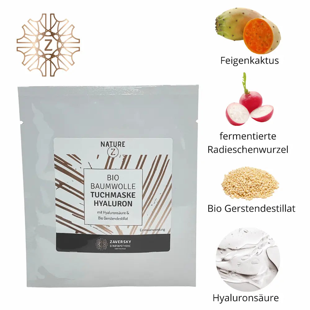 NATURE Z Bio Baumwolle Tuchmaske Hyaluron in silberner Verpackung, daneben Zutaten wie Feigenkaktus, Radieschenwurzel und Gerstendestillat.