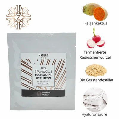 NATURE Z Bio Baumwolle Tuchmaske Hyaluron in silberner Verpackung, daneben Zutaten wie Feigenkaktus, Radieschenwurzel und Gerstendestillat.