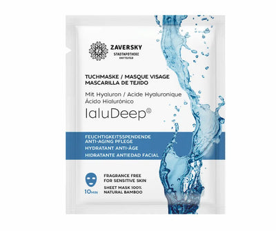 Zaversky Tuchmaske IaluDeep mit Hyaluron, weißer Sachet mit blauem Wasser-Spritzer, feuchtigkeitsspendende Anti-Aging Pflege